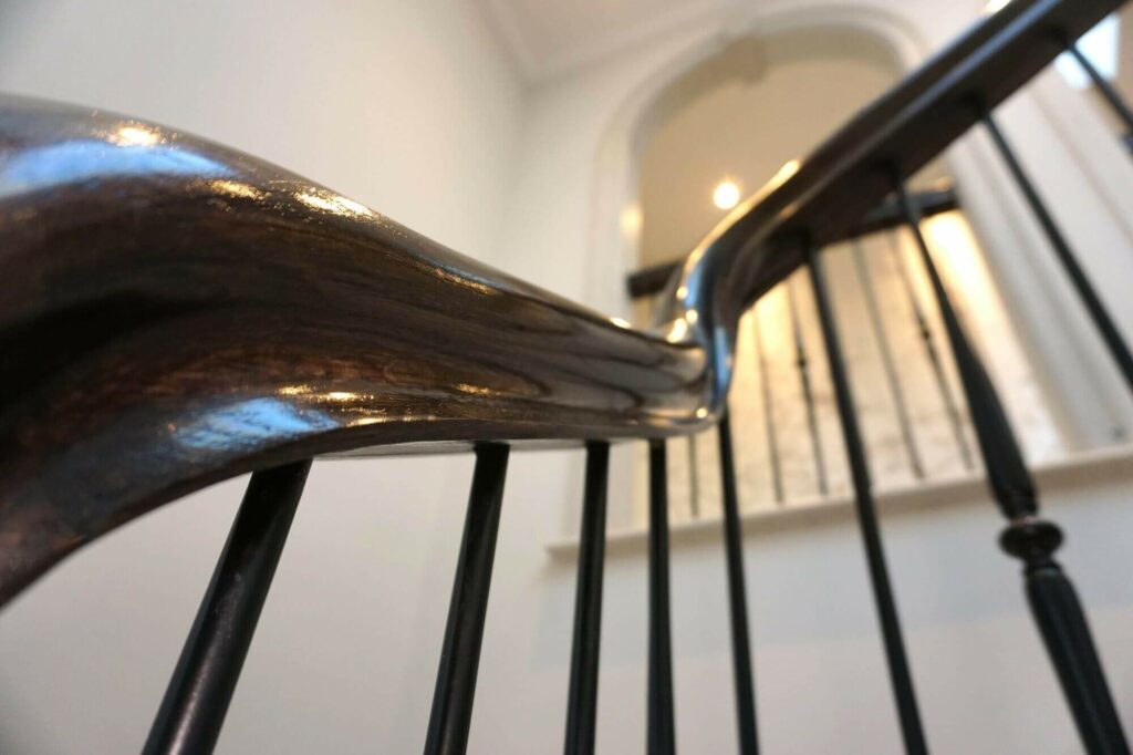 Staircase in dark oak installed in Harmer Green Lane, Hertfordshire, Designed by Sinead Kelly-Herbert, made and installed by PT Handrails, Clive Durose.